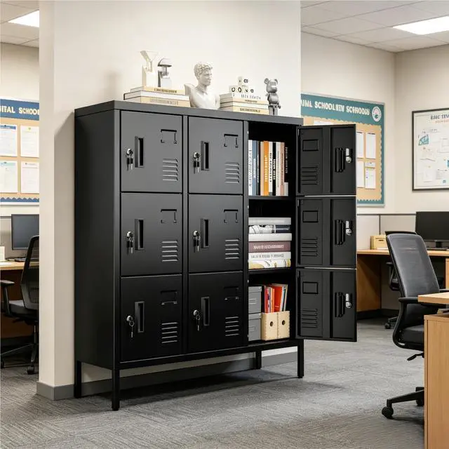 Alt view image 2 of 7 - 9-Door Metal Locker for Employees with Keyed Compartments | 15.79"D x 35.51"W x 37.8"H; 9 vented compartments with card slots, 18 keys and adjustable leveling feet