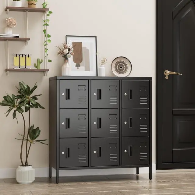 Alt view image 7 of 7 - 9-Door Metal Locker for Employees with Keyed Compartments | 15.79"D x 35.51"W x 37.8"H; 9 vented compartments with card slots, 18 keys and adjustable leveling feet