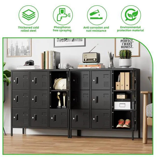 Alt view image 5 of 7 - 9-Door Metal Locker for Employees with Keyed Compartments | 15.79"D x 35.51"W x 37.8"H; 9 vented compartments with card slots, 18 keys and adjustable leveling feet