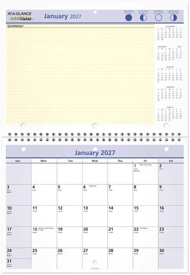 Main image of 2027 Wall Calendar, 8" x 11" Planner, Fits 3-ring Binder, Unruled Blocks, QuickNotes, Monthly (PM502827)