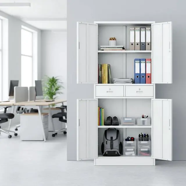 Alt view image 2 of 7 - Metal Storage Cabinet with Adjustable Shelves and Drawers, 71" H Locking Pantry Storage Cabinet for Office, Garage, Home, School, Utility (White)