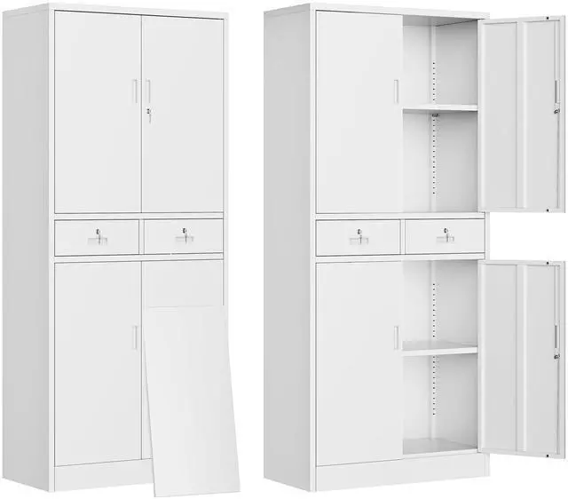 Main image of Metal Storage Cabinet with Adjustable Shelves and Drawers, 71" H Locking Pantry Storage Cabinet for Office, Garage, Home, School, Utility (White)