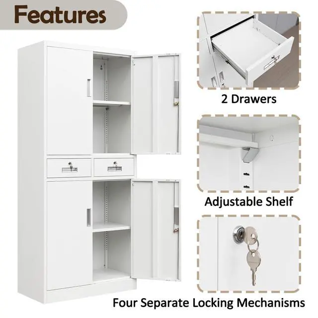 Alt view image 5 of 7 - Metal Storage Cabinet with Adjustable Shelves and Drawers, 71" H Locking Pantry Storage Cabinet for Office, Garage, Home, School, Utility (White)