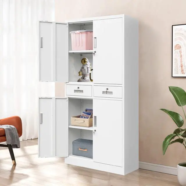 Alt view image 6 of 7 - Metal Storage Cabinet with Adjustable Shelves and Drawers, 71" H Locking Pantry Storage Cabinet for Office, Garage, Home, School, Utility (White)