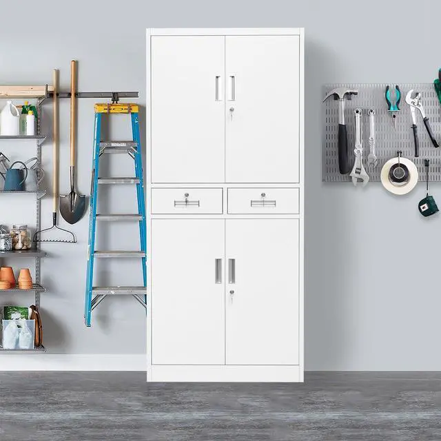 Alt view image 7 of 7 - Metal Storage Cabinet with Adjustable Shelves and Drawers, 71" H Locking Pantry Storage Cabinet for Office, Garage, Home, School, Utility (White)