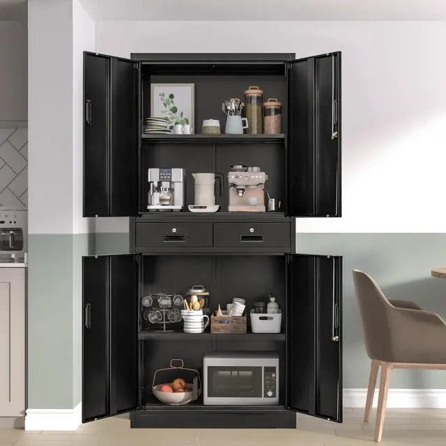 Alt view image 2 of 7 - Metal Storage Cabinet, 71" H Metal Cabinets with Adjustable Shelves and Drawers, Locking Storage Cabinet for Pantry, Office, Garage, Home, School, Utility (Black)