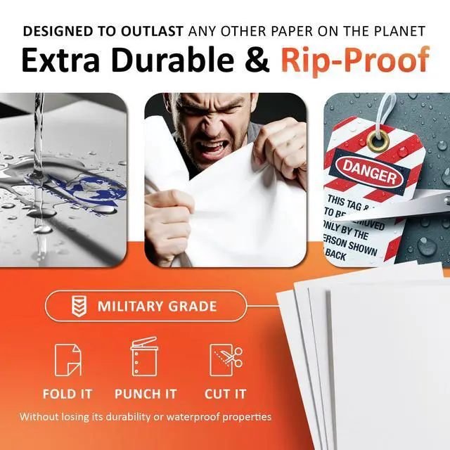 Alt view image 3 of 6 - Waterproof Laser Printer Paper 8 Mil 8.5"x14", 50 Sheets, White Rip & Smudge Proof, Heavy-Duty for Outdoor Use, Ideal for Printing, Copying & More