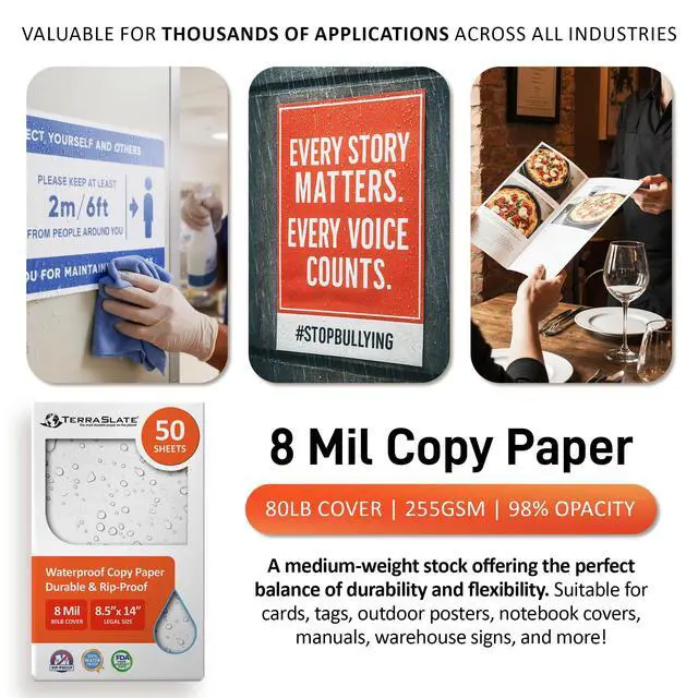 Alt view image 6 of 6 - Waterproof Laser Printer Paper 8 Mil 8.5"x14", 50 Sheets, White Rip & Smudge Proof, Heavy-Duty for Outdoor Use, Ideal for Printing, Copying & More
