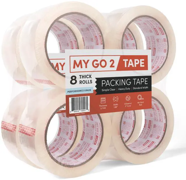 Main image of My Go 2 Heavy Duty Packing Tape, 8 Pack, 60 Yard Rolls, Clear, 2.7 MIL, Carton Tape Refill for Shipping, Mailing, Packaging and Moving