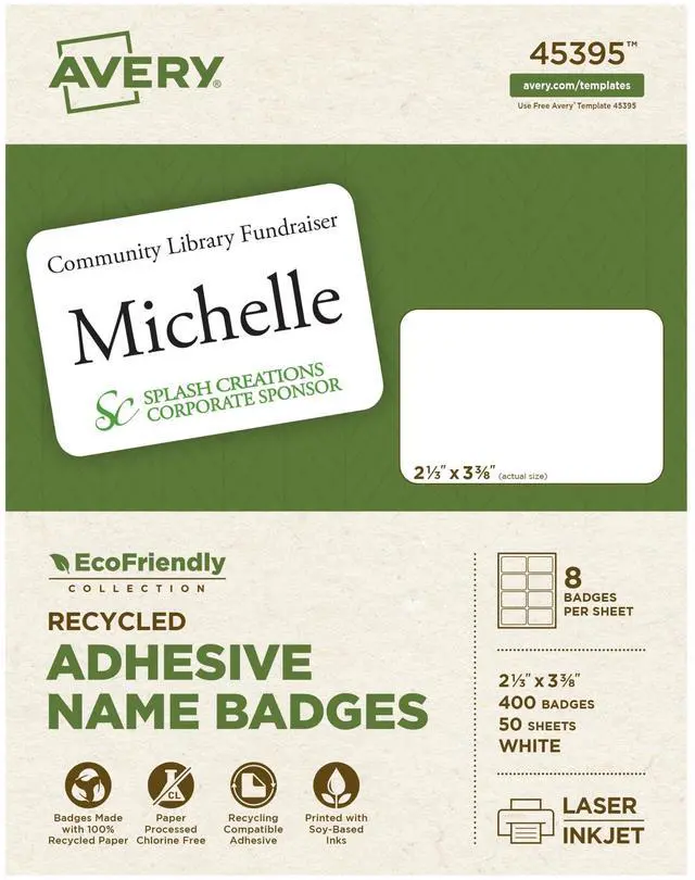 Main image of EcoFriendly Recycled Name Tags, 2-1/3" x 3-3/8", White, Removable Adhesive, 400 Printable Name Badges (45395)