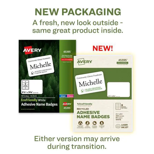 Alt view image 2 of 6 - EcoFriendly Recycled Name Tags, 2-1/3" x 3-3/8", White, Removable Adhesive, 400 Printable Name Badges (45395)