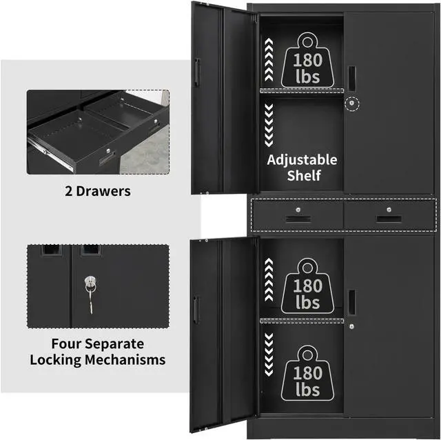 Alt view image 5 of 7 - Metal Storage Cabinet, 71" H Metal Cabinets with Adjustable Shelves and Drawers, Locking Storage Cabinet for Pantry, Office, Garage, Home, School, Utility (Black)