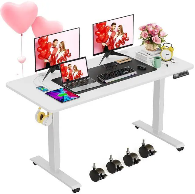 Main image of Electric Standing Desk Adjustable Height, 55x24 Inches Computer Desk with 4 Preset Heights, Double Metal Hook, Rolling Wheels, Multifunctional Stand up Desk for Home/Office(White)