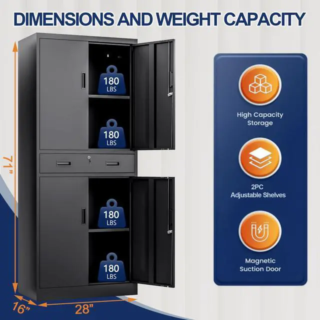 Alt view image 3 of 7 - Metal Garage Storage Cabinet with a Drawer Locking Doors and 2 Adjustable Shelves, Black Tall Storage Cabinets, Tool File Lockable Cabinet for Garage Office Warehouse Shop(71H)