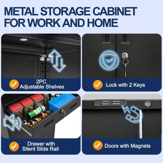 Alt view image 4 of 7 - Metal Garage Storage Cabinet with a Drawer Locking Doors and 2 Adjustable Shelves, Black Tall Storage Cabinets, Tool File Lockable Cabinet for Garage Office Warehouse Shop(71H)