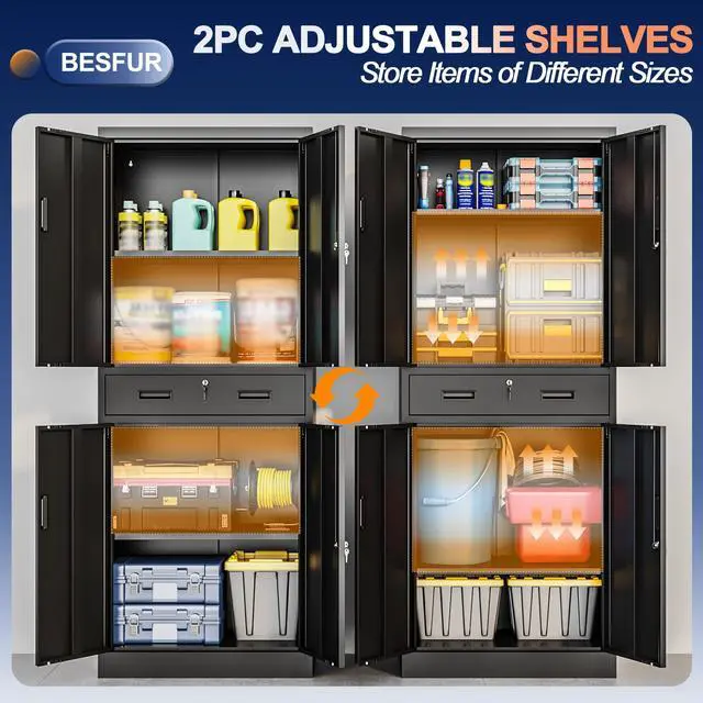 Alt view image 5 of 7 - Metal Garage Storage Cabinet with a Drawer Locking Doors and 2 Adjustable Shelves, Black Tall Storage Cabinets, Tool File Lockable Cabinet for Garage Office Warehouse Shop(71H)