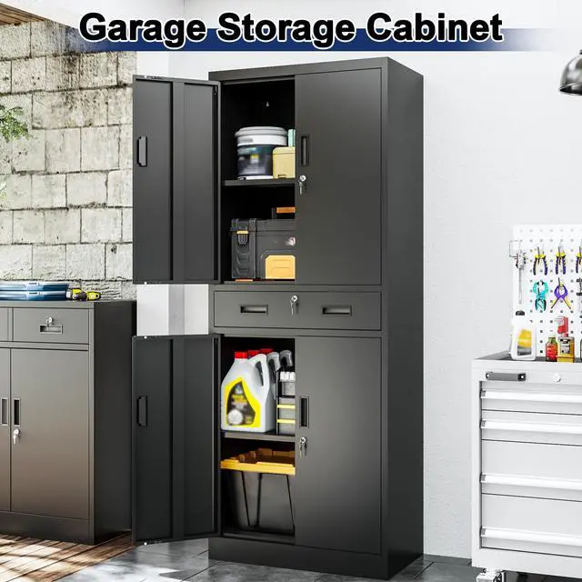 Alt view image 2 of 7 - Metal Garage Storage Cabinet with a Drawer Locking Doors and 2 Adjustable Shelves, Black Tall Storage Cabinets, Tool File Lockable Cabinet for Garage Office Warehouse Shop(71H)