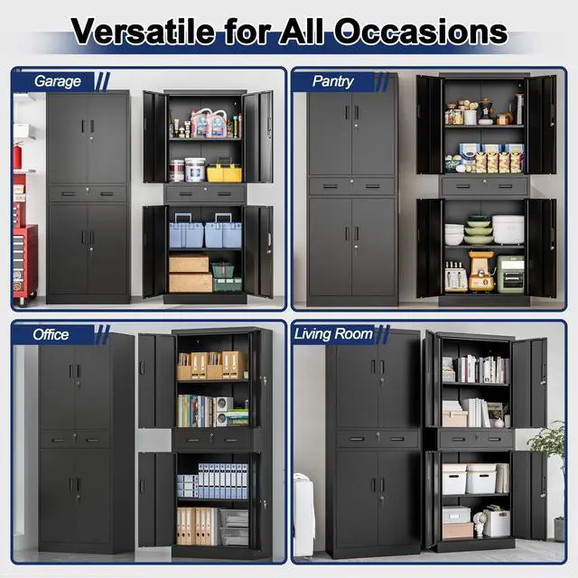 Alt view image 6 of 7 - Metal Garage Storage Cabinet with a Drawer Locking Doors and 2 Adjustable Shelves, Black Tall Storage Cabinets, Tool File Lockable Cabinet for Garage Office Warehouse Shop(71H)