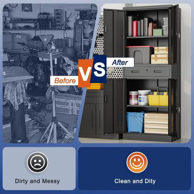 Alt view image 7 of 7 - Metal Garage Storage Cabinet with a Drawer Locking Doors and 2 Adjustable Shelves, Black Tall Storage Cabinets, Tool File Lockable Cabinet for Garage Office Warehouse Shop(71H)
