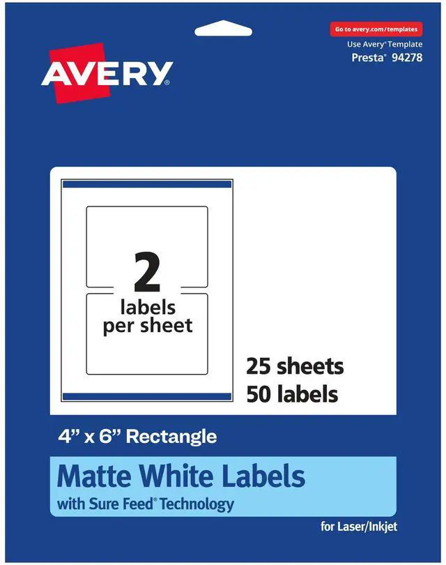 Main image of ® Matte White Rectangle Labels, Sure Feed® Technology, 4" x 6", 50 White Labels, Print-to-The-Edge, Permanent Adhesive, Laser/Inkjet Printable
