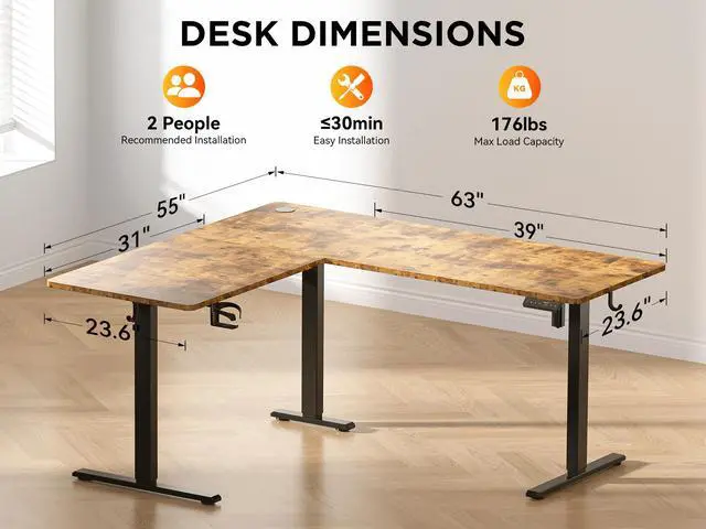 Alt view image 3 of 7 - 63X55 Inches Reversible L Shaped Standing Desk Height Adjustable with Cup Holder, Electric Corner Computer Desk, Sit Stand up Home Office Desk, Ergonomic Gaming Desk, Rustic Brown
