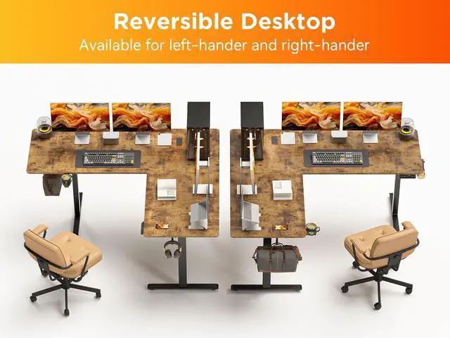 Alt view image 4 of 7 - 63X55 Inches Reversible L Shaped Standing Desk Height Adjustable with Cup Holder, Electric Corner Computer Desk, Sit Stand up Home Office Desk, Ergonomic Gaming Desk, Rustic Brown