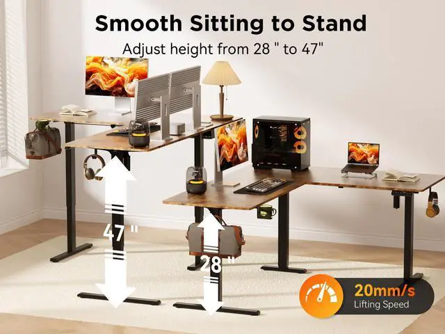 Alt view image 5 of 7 - 63X55 Inches Reversible L Shaped Standing Desk Height Adjustable with Cup Holder, Electric Corner Computer Desk, Sit Stand up Home Office Desk, Ergonomic Gaming Desk, Rustic Brown