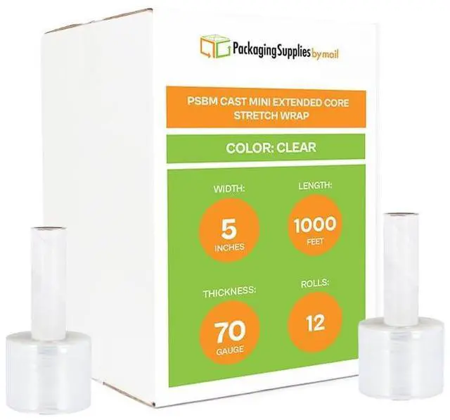 Main image of PSBM Mini Stretch Wrap with Extended Core Handles, 12 Rolls 5 Inch x 1000 Feet 70 Gauge Heavy Duty Clear Plastic Wrap Industrial Strength Shrink Film for Moving, Packing & Shipping