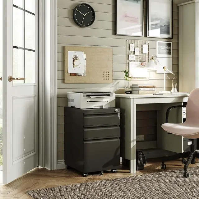 Alt view image 2 of 7 - 3 Drawer Mobile File Cabinet with Lock, Under Desk Metal Filing Cabinet for Home Office/Legal/Letter/A4 File, Fully Assembled Except Wheels, Black