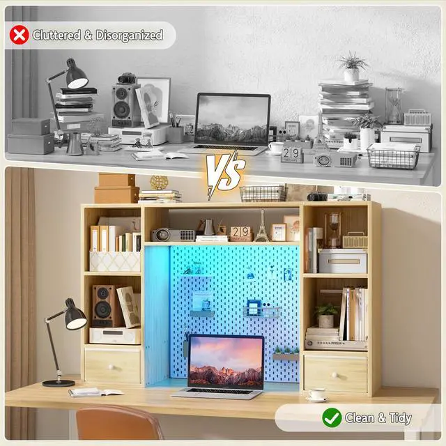 Alt view image 7 of 7 - 47.2" Desktop Bookshelf, 6 Shelves & 2 Drawers, LED Lights, Natural | 12mm MDF with Scratch-resistant, Up to 27" -monitor, Adjustable Shelves
