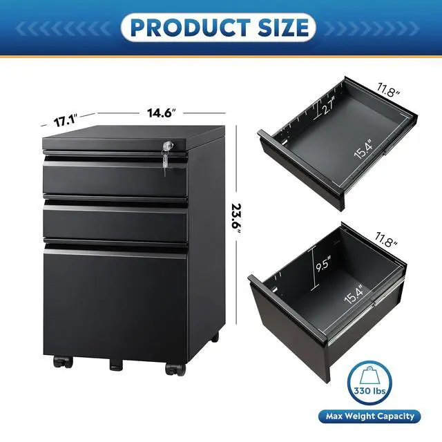 Alt view image 3 of 7 - 3 Drawer Mobile File Cabinet with Lock, Under Desk Metal Filing Cabinet for Home Office/Legal/Letter/A4 File, Fully Assembled Except Wheels, Black