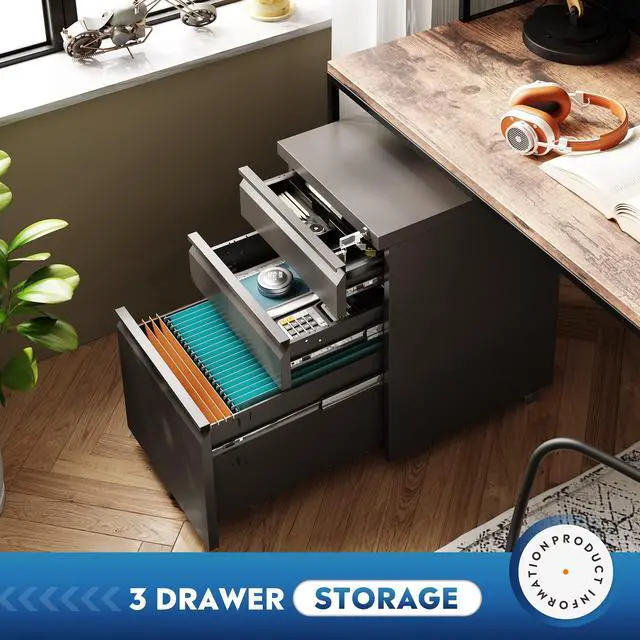 Alt view image 4 of 7 - 3 Drawer Mobile File Cabinet with Lock, Under Desk Metal Filing Cabinet for Home Office/Legal/Letter/A4 File, Fully Assembled Except Wheels, Black