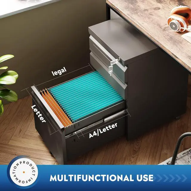 Alt view image 5 of 7 - 3 Drawer Mobile File Cabinet with Lock, Under Desk Metal Filing Cabinet for Home Office/Legal/Letter/A4 File, Fully Assembled Except Wheels, Black