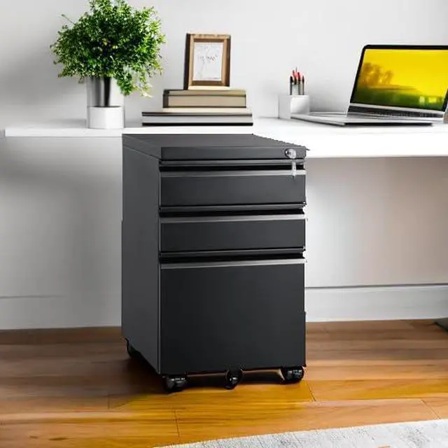 Alt view image 6 of 7 - 3 Drawer Mobile File Cabinet with Lock, Under Desk Metal Filing Cabinet for Home Office/Legal/Letter/A4 File, Fully Assembled Except Wheels, Black