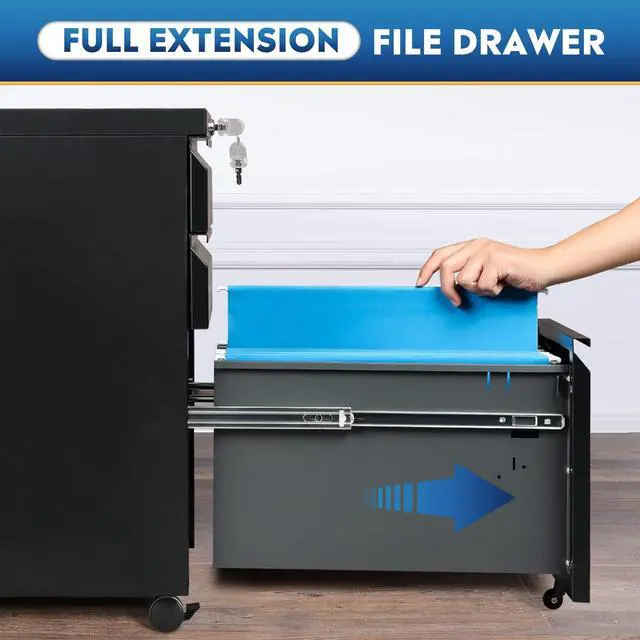 Alt view image 7 of 7 - 3 Drawer Mobile File Cabinet with Lock, Under Desk Metal Filing Cabinet for Home Office/Legal/Letter/A4 File, Fully Assembled Except Wheels, Black