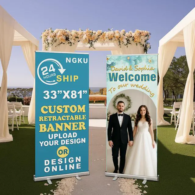 Alt view image 3 of 6 - Custom Retractable Banner with Silver Aluminum Stand,33"X81" Personalized pop up Sign with Black Travel Bag,Roll up Banner Customizable for Business Promotion, Advertising, Family - Made in USA