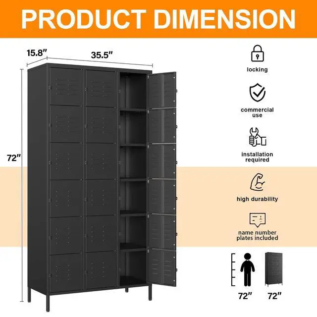 Alt view image 3 of 7 - Metal Locker with 18 Doors Employees Locker, Metal Storage Locker with Hooks, 72" Storage Cabinet Lockers for Employees, Home, Office, Gym Requires Assembly (18 Doors, Black)