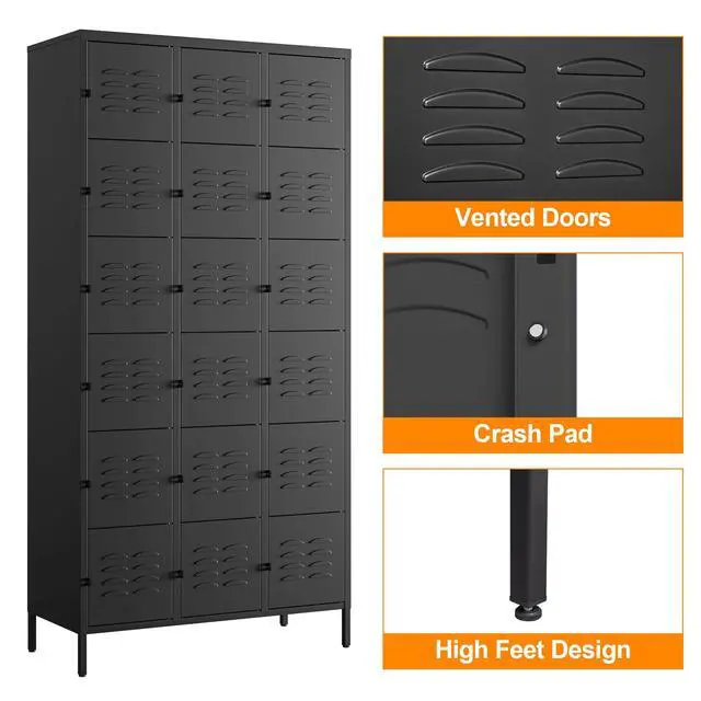 Alt view image 4 of 7 - Metal Locker with 18 Doors Employees Locker, Metal Storage Locker with Hooks, 72" Storage Cabinet Lockers for Employees, Home, Office, Gym Requires Assembly (18 Doors, Black)