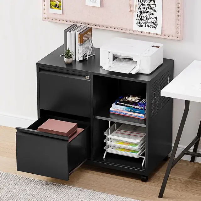 Alt view image 2 of 7 - 2 Drawer File Cabinet with Lock and Shelf,Mobile Lateral Filing Cabinet,Metal Filing Cabinets with Open Storage Shelves Organizer for Home Office Fit Legal/Letter A4 Size (Black)