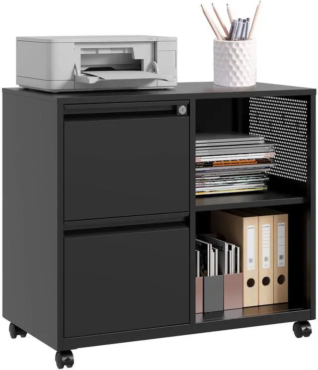 Main image of 2 Drawer File Cabinet with Lock and Shelf,Mobile Lateral Filing Cabinet,Metal Filing Cabinets with Open Storage Shelves Organizer for Home Office Fit Legal/Letter A4 Size (Black)