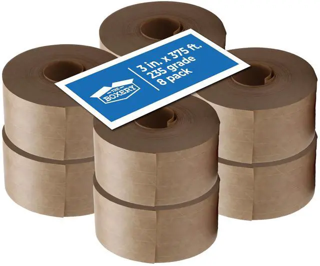 Main image of Water Activated Kraft Fiberglass Reinforced Packing Tape, 3x375 - 235 Grade- (8 Rolls Included) Gummed Paper for Heavy Duty Packaging and Shipping, Writable, Eco-Friendly