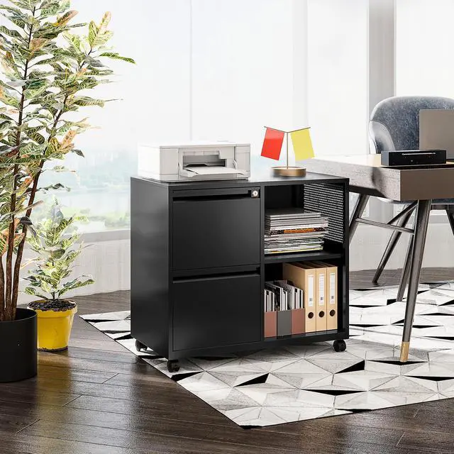 Alt view image 4 of 7 - 2 Drawer File Cabinet with Lock and Shelf,Mobile Lateral Filing Cabinet,Metal Filing Cabinets with Open Storage Shelves Organizer for Home Office Fit Legal/Letter A4 Size (Black)