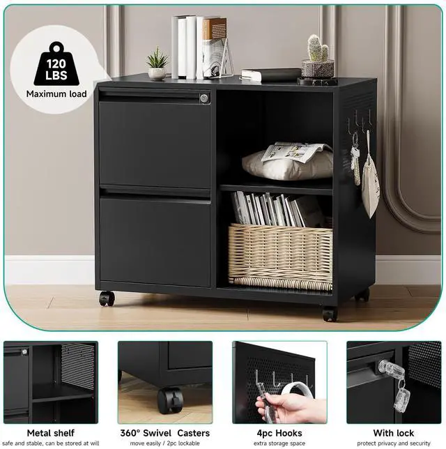 Alt view image 5 of 7 - 2 Drawer File Cabinet with Lock and Shelf,Mobile Lateral Filing Cabinet,Metal Filing Cabinets with Open Storage Shelves Organizer for Home Office Fit Legal/Letter A4 Size (Black)