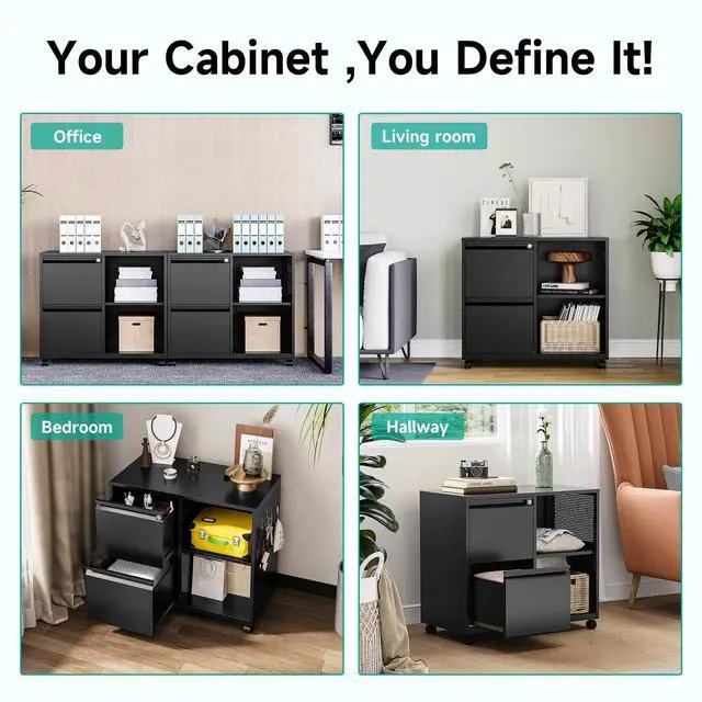 Alt view image 6 of 7 - 2 Drawer File Cabinet with Lock and Shelf,Mobile Lateral Filing Cabinet,Metal Filing Cabinets with Open Storage Shelves Organizer for Home Office Fit Legal/Letter A4 Size (Black)