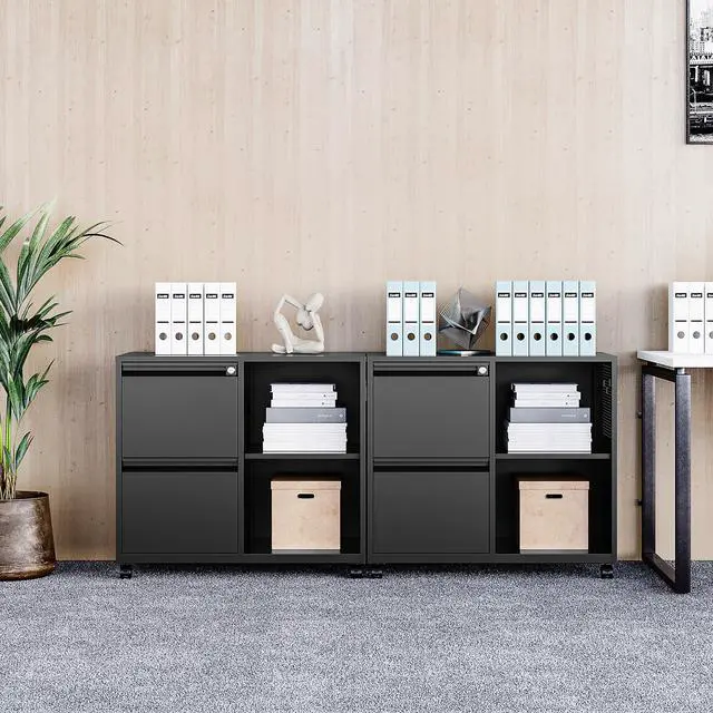 Alt view image 7 of 7 - 2 Drawer File Cabinet with Lock and Shelf,Mobile Lateral Filing Cabinet,Metal Filing Cabinets with Open Storage Shelves Organizer for Home Office Fit Legal/Letter A4 Size (Black)