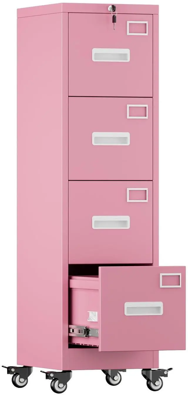 Main image of 4 Drawer Metal File Cabinet with Lock and Wheels, Pink | 17.7"D x 15"W x 54"H pink vertical steel cabinet for letter/legal files; anti-tilt interlock; assembly required