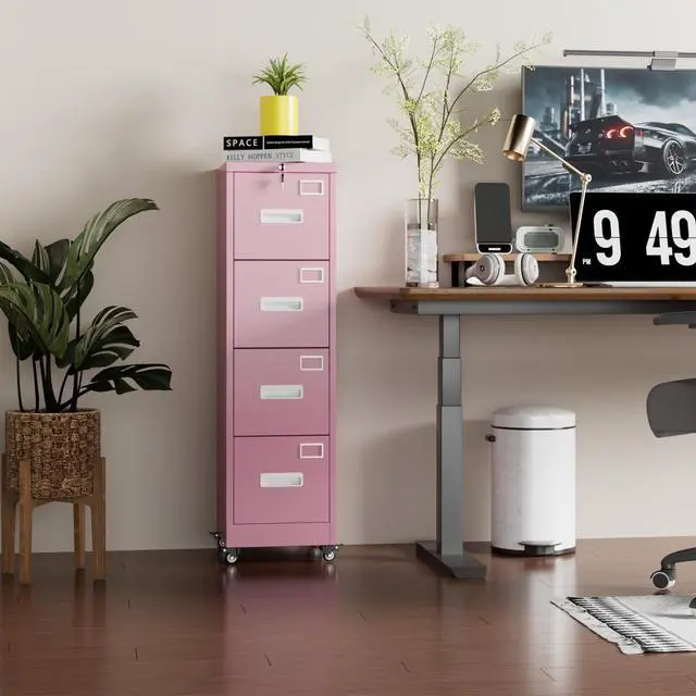 Alt view image 2 of 7 - 4 Drawer Metal File Cabinet with Lock and Wheels, Pink | 17.7"D x 15"W x 54"H pink vertical steel cabinet for letter/legal files; anti-tilt interlock; assembly required
