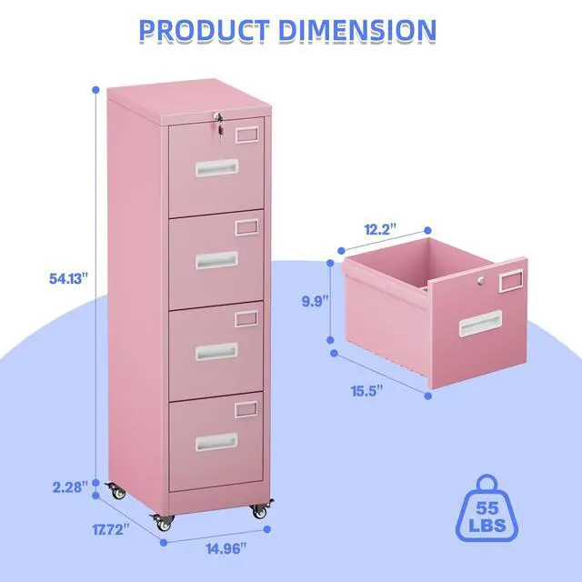 Alt view image 3 of 7 - 4 Drawer Metal File Cabinet with Lock and Wheels, Pink | 17.7"D x 15"W x 54"H pink vertical steel cabinet for letter/legal files; anti-tilt interlock; assembly required