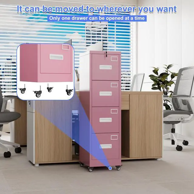 Alt view image 5 of 7 - 4 Drawer Metal File Cabinet with Lock and Wheels, Pink | 17.7"D x 15"W x 54"H pink vertical steel cabinet for letter/legal files; anti-tilt interlock; assembly required