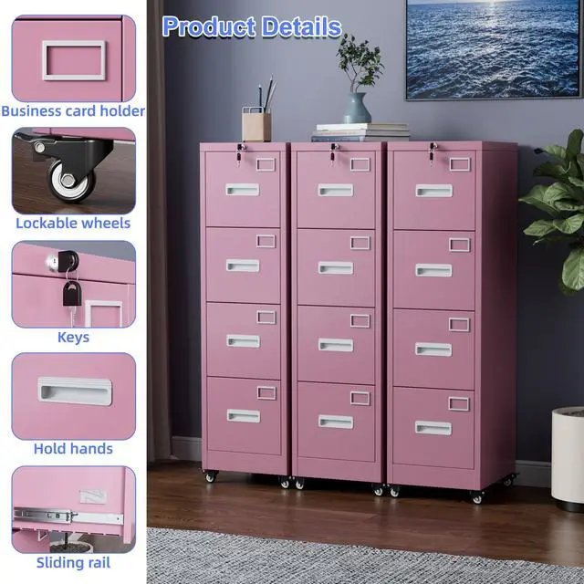 Alt view image 4 of 7 - 4 Drawer Metal File Cabinet with Lock and Wheels, Pink | 17.7"D x 15"W x 54"H pink vertical steel cabinet for letter/legal files; anti-tilt interlock; assembly required